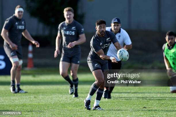 Richie Mo'unga of the All Blacks during an All Black training session at Mt Smart on July 13, 2023 in Auckland, New Zealand.