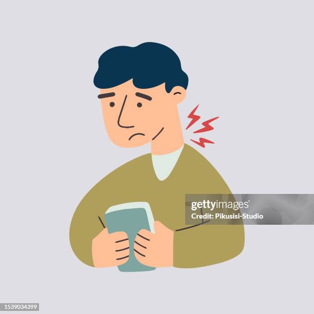 man has neck pain because of using a smartphone with the wrong posture. bad posture ruins the spine and neck muscles, causing health problems. unhealthy lifestyle. - neck muscle pain illustration stock illustrations