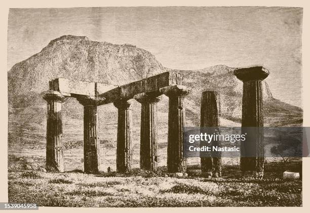 ilustrações de stock, clip art, desenhos animados e ícones de the remains of the palace temple and the acropolis of corinth - templo de apolo naxos