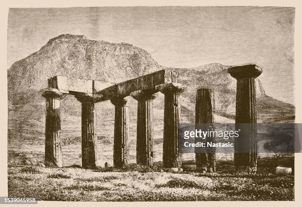 the remains of the palace temple and the acropolis of corinth - ancient olympia greece stock illustrations