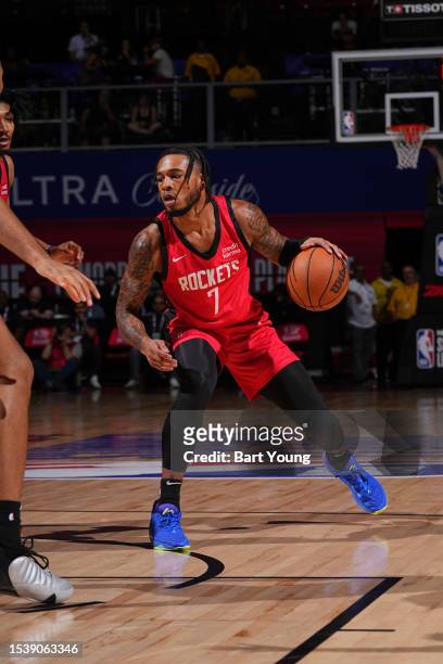Cam Whitmore of the Houston Rockets dribbles the ball during the 2023 NBA Summer League Championship Game against the Cleveland Cavaliers on July 17,...
