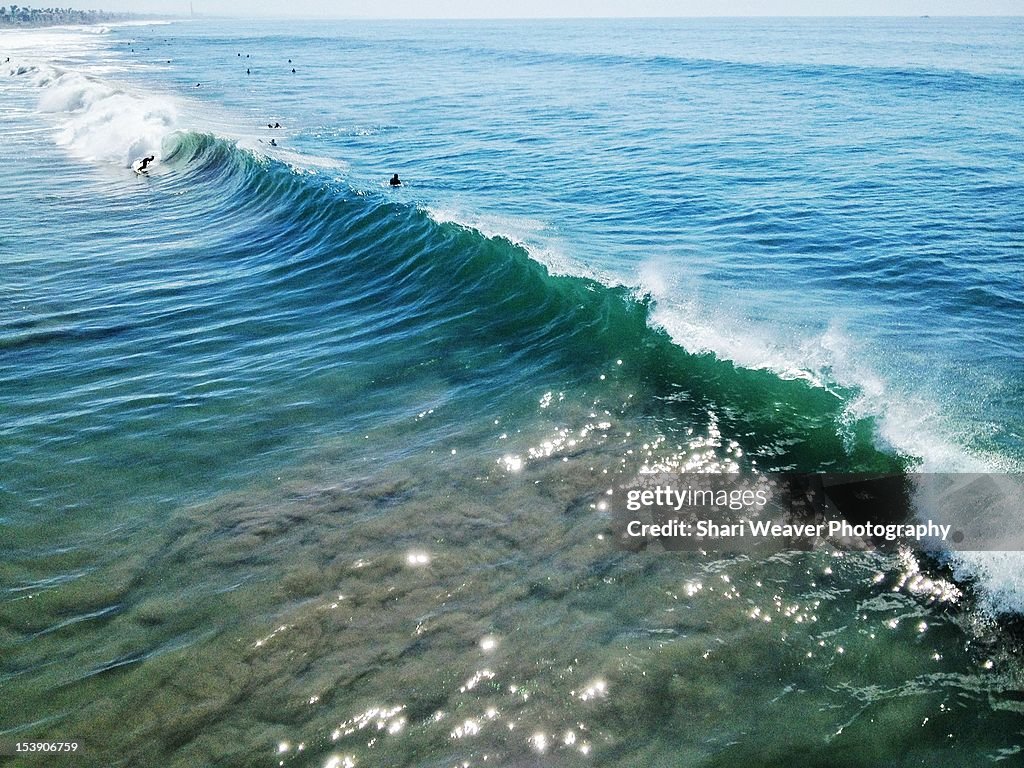 Huge wave with surfers