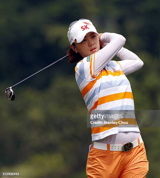 Na Yeon Choi of South Korea watches her 2nd shot on the 6th hole during day one of the Sime Darby LPGA Malaysia at Kuala Lumpur Golf & Country Club...