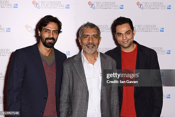 Actor Arjun Rampal, director Prakash Jha and actor Abhay Deol attend the "Chakravyuh" photocall during the 56th BFI London Film Festival at the...