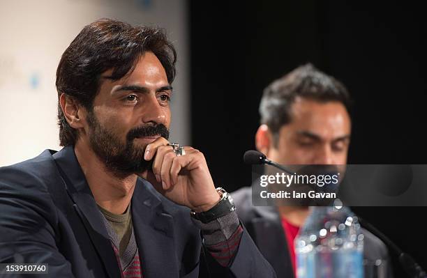 Actors Arjun Rampal and Abhay Deol attend the "Chakravyuh" press conference during the 56th BFI London Film Festival at the Empire Leicester Square...