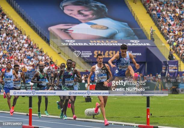 Mohammed MSAAD of Morocco leads the race ahead of Soufiane EL BAKKALI, competes in the Men's 3000m Steeplechase, during the SILESIA Kamila...