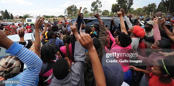 Expelled ANC Youth League leader Julius Malema arrives at the Slovo Park informal settlement on October 10, 2012 in Johannesburg, South Africa. The...