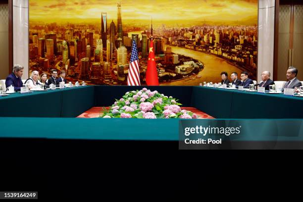 Climate envoy John Kerry meets with top Chinese diplomat Wang Yi in the Great Hall of the People on July 18, 2023 in Beijing, China. Kerry is in...