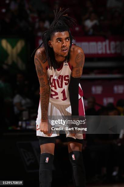 Emoni Bates of the Cleveland Cavaliers looks on during the 2023 NBA Summer League Championship Game against the Houston Rockets on July 17, 2023 at...