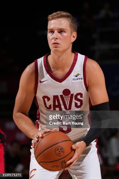 Sam Merrill of the Cleveland Cavaliers shoots a free throw during the 2023 NBA Summer League Championship Game against the Houston Rockets on July...