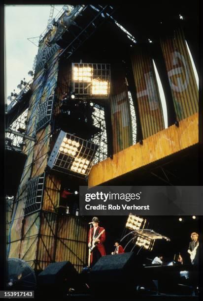 18th MAY: Mick Jagger, Ron Wood and Keith Richards from The Rolling Stones perform live on stage at the Stadion Feijenoord in Rotterdam, Netherlands...