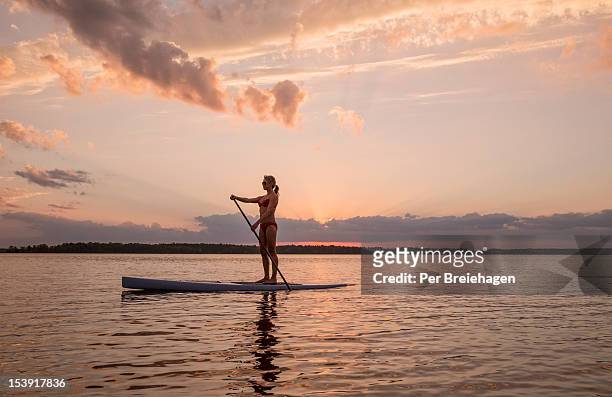 a woman on a stand up paddle board at sunset - rep - fotografias e filmes do acervo