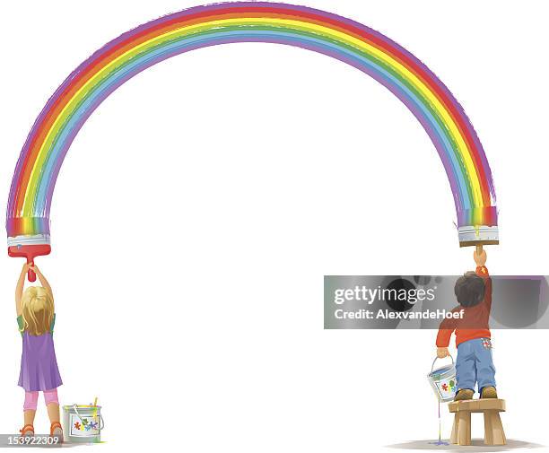 two kids painting a rainbow - children painting stock illustrations