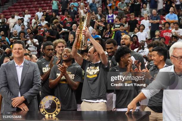 Head Coach Mike Gerrity of the Cleveland Cavaliers smiles after winning the 2023 NBA Summer League Championship Game against the Houston Rockets on...