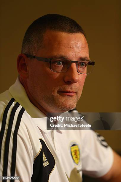 Craig Levein the Scotland manager during the Scotland Press Conference at Celtic Manor Hotel on October 11, 2012 in Newport, Wales.