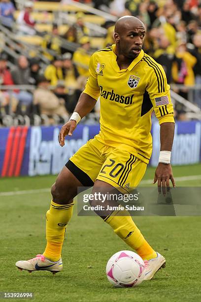 Emilio Renteria of the Columbus Crew controls the ball against Sporting Kansas City on October 7, 2012 at Crew Stadium in Columbus, Ohio.