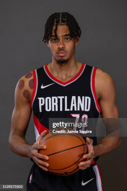 Rayan Rupert of the Portland Trail Blazers poses for a portrait during the 2023 NBA rookie photo shoot at UNLV on July 12, 2023 in Las Vegas, Nevada.