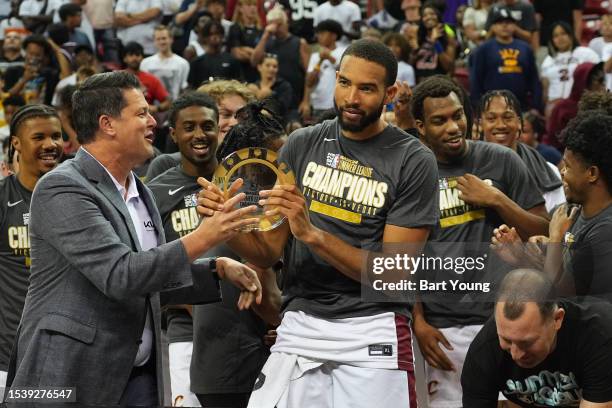 Isaiah Mobley of the Cleveland Cavaliers celebrates after winning MVP of the 2023 NBA Summer League Championship Game against the Houston Rockets on...