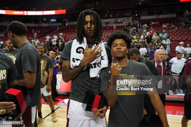 Emoni Bates and Wendell Green of the Cleveland Cavaliers pose for a photo after winning the 2023 NBA Summer League Championship Game against the...