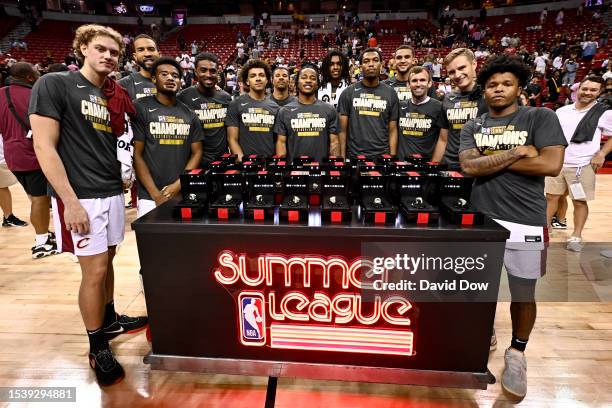 The Cleveland Cavaliers pose for a photo with the championship rings after winning the 2023 NBA Las Vegas Summer League Championship Game on July 17,...