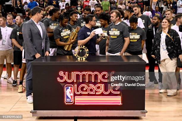 Coach Mike Gerrity of the Cleveland Cavaliers is interviewed after winning the 2023 NBA Las Vegas Summer League Championship Game on July 17, 2023 at...