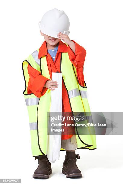 boy dressing up like a engineer - kids costume engineer stock-fotos und bilder