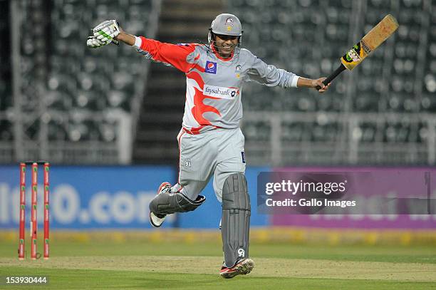 Haris Sohail of Sialkot Stallions celebrates the win during the Karbonn Smart CLT20 pre-tournament Qualifying Stage match between Hampshire and...