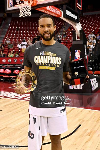 Isaiah Mobley of the Cleveland Cavaliers poses for a photo after being presented the 2023 Summer League Championships MVP award after winning the...