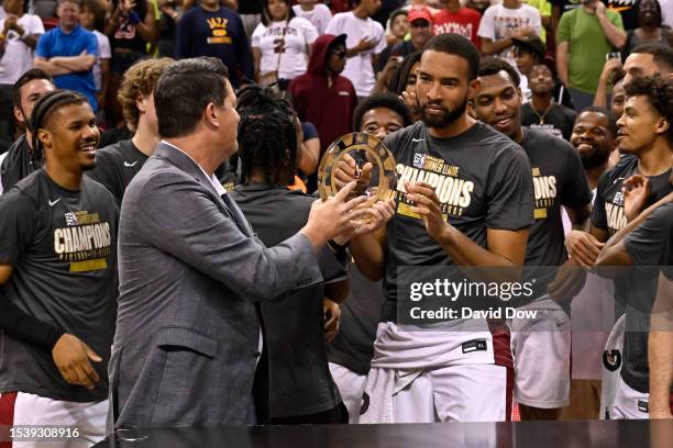 Isaiah Mobley of the Cleveland Cavaliers is awarded the 2023 Summer League Championship MVP trophy after winning the 2023 NBA Las Vegas Summer League...