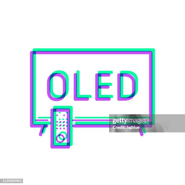 oled-fernseher. symbol mit zweifarbiger überlagerung auf weißem hintergrund - oled stock-grafiken, -clipart, -cartoons und -symbole