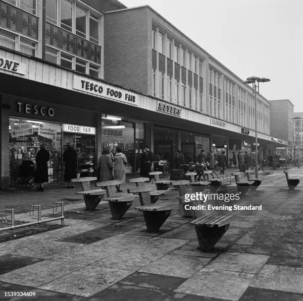View of shops in Queens Square, Crawley New Town, West Sussex, December 15th 1958.