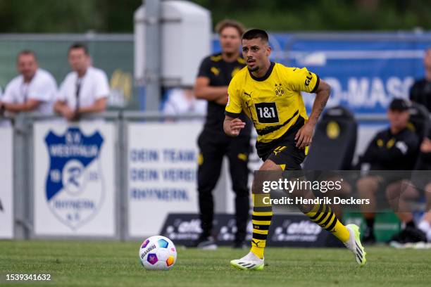 Lion Semic of Borussia Dortmund controls the ball during the pre-season friendly match between Westfalia Rhynern and Borussia Dortmund on July 12,...