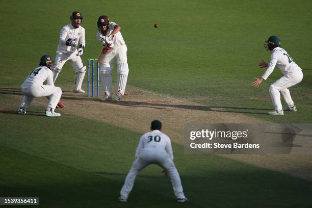 Tom Lawes of Surrey plays a shot during the LV= Insurance County Championship Division 1 match between Surrey and Nottinghamshire at The Kia Oval on...