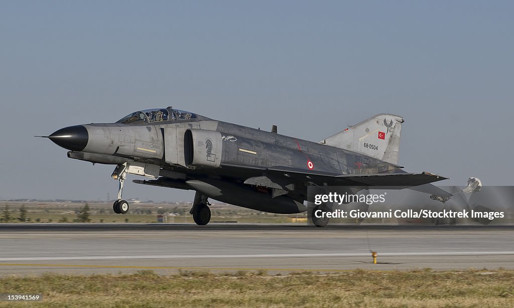 A McDonnell Douglas F-4 Phantom of the Turkish Air Force landing at Konya Air Base, Turkey.