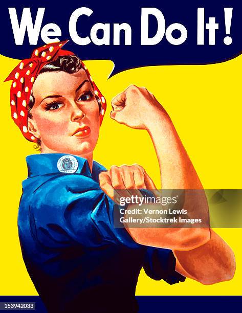 digitally restored war propaganda poster. rosie the riveter vintage war poster from world war two. rosie flexes her bicep and declares - we can do it! - western script stock illustrations
