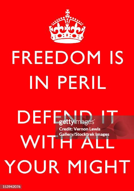 digitally restored war propaganda poster. this vintage world war two poster features the british crown. it declares - freedom is in peril, defend it with all your might. - second world war stock illustrations