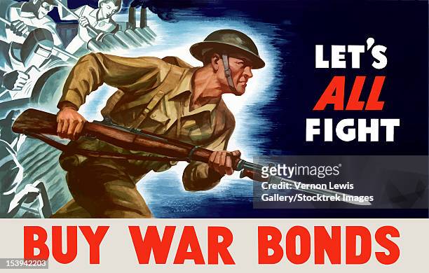 digitally restored war propaganda poster. - army helmet stock-grafiken, -clipart, -cartoons und -symbole