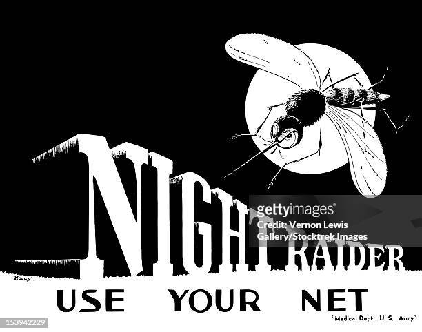 digitally restored war propaganda poster. this vintage world war ii poster features a large mosquito in front of the moon. it declares - night raider, use your net. medical dept. u.s. army. - us army medical dept stock illustrations