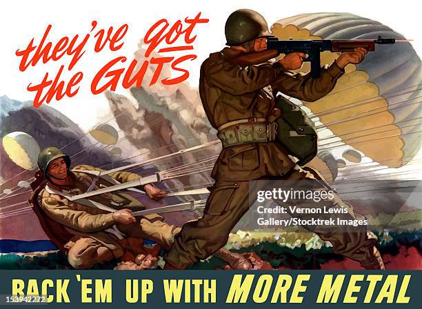 digitally restored war propaganda poster. - paratrooper stock-grafiken, -clipart, -cartoons und -symbole