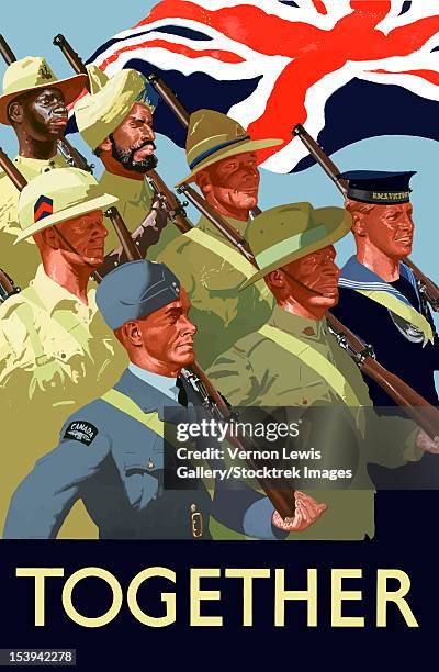 stockillustraties, clipart, cartoons en iconen met digitally restored war propaganda poster. this vintage world war ii poster features the troops of the british empire marching under the union flag. it declares - together. - tweede wereldoorlog