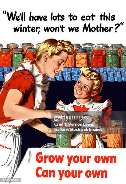 vintage world war ii poster of a mother and daughter canning vegetables. the little girl asks, we'll have lots to eat this winter, won't we mother? the print declares - grow your own, can your own. - world war ii stock-grafiken, -clipart, -cartoons und -symbole