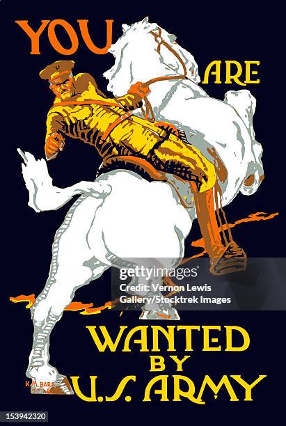 vintage world war i poster of a u.s. army officer on horseback, pointing at the viewer. it reads, you are wanted by u.s. army. - s motive gallery stock illustrations