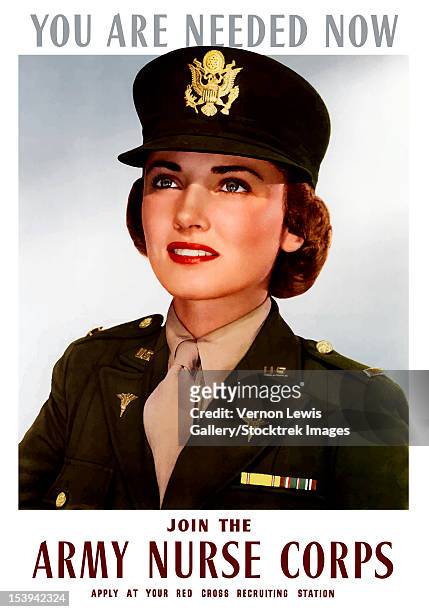 bildbanksillustrationer, clip art samt tecknat material och ikoner med world war ii poster of a smiling female officer of the u.s. army medical corps. - andra världskriget