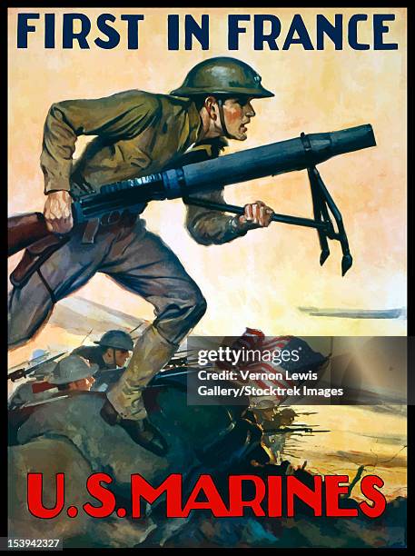 vintage world war one poster of marines charging into battle behind the american flag. it declares - first in france, u.s. marines. - ww1 propaganda poster stock illustrations