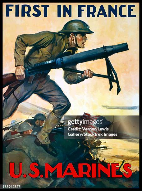 vintage world war one poster of marines charging into battle behind the american flag. it declares - first in france, u.s. marines. - us marine corps stock illustrations