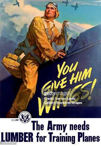 vintage world war ii poster of a pilot getting into his plane, and aircraft flying in the background. it declares - you give him wings! the army needs lumber for training planes. - propaganda 幅插畫檔、美工圖案、卡通及圖標