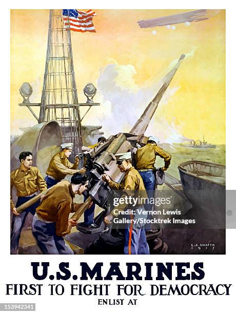 Vintage World War One Poster Of Marines Firing Artillery Rounds On