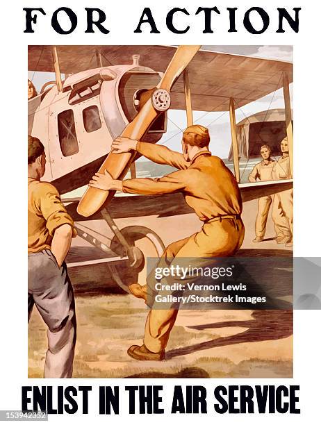 vintage world war i poster of a u.s. airman cranking the propeller of an airplane outside a hanger. it reads, for action, enlist in the air service. - s motive gallery stock illustrations