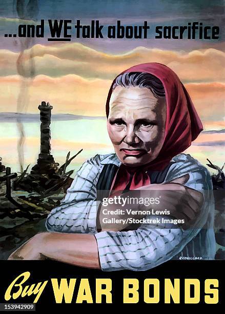 vintage world war ii poster of a european woman, tears coming from her eyes, standing amid the ruins of a town. it reads, ... and we talk about sacrifice. buy war bonds. - 泣く　女性　正面点のイラスト素材／クリップアート素材／マンガ素材／アイコン素材