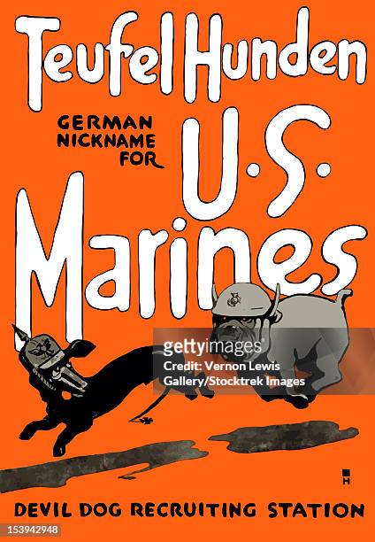 vintage world war one poster of a marine corps bulldog chasing a german dachshund. - us marine corps stock illustrations